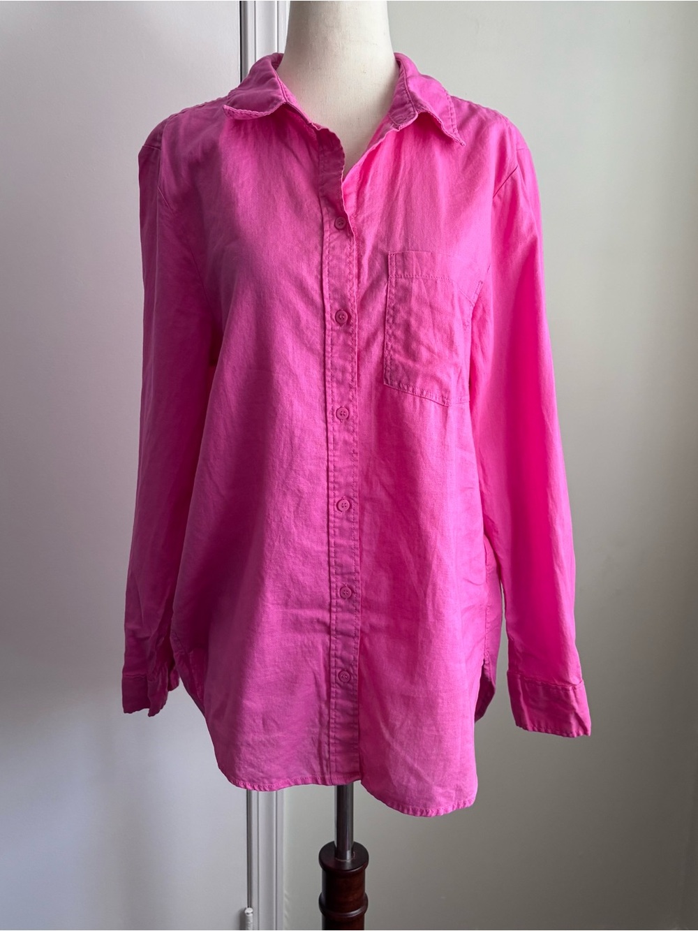 H&M linen blend Bright Pink Button-Up Shirt tunic length size S Euc summer